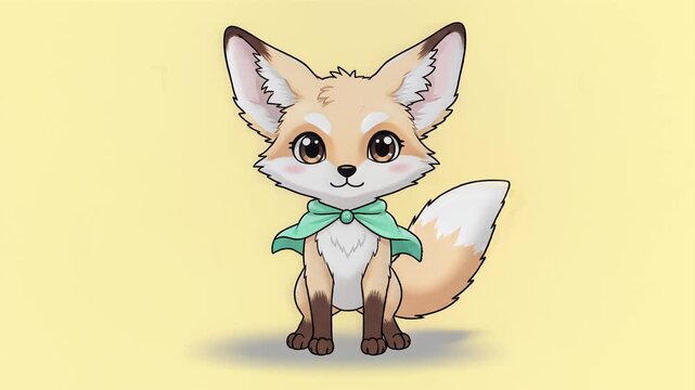 Adorable cartoon fox with green bow on yellow background.