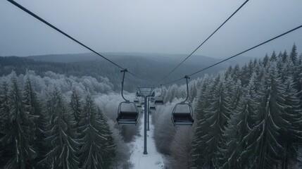 Ski lift moving over a snowy forest landscape