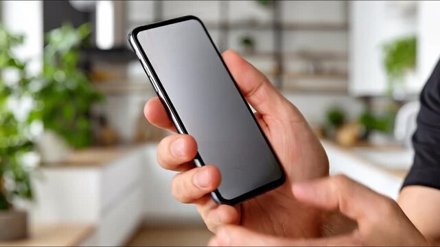 Close-up of a person holding a smartphone in a modern kitchen with greenery in the background