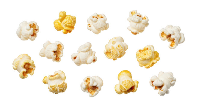 Scattered popcorn kernels isolated on transparent background for snack or food concepts
