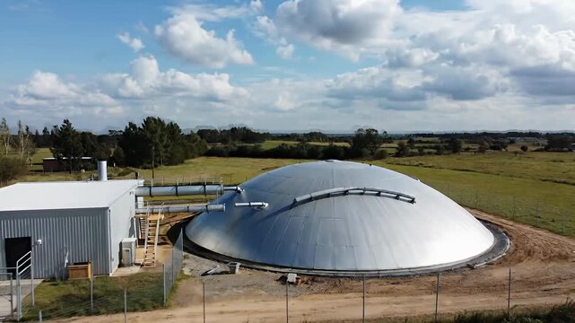 Anaerobic digester dome in a rural setting with blue skies and clouds