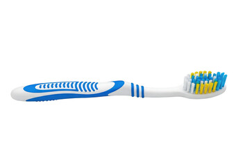 A close-up view of a blue and white toothbrush with soft bristles.