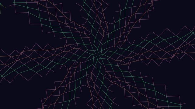 Geometric pattern of intersecting pink and green lines on a dark background with a white border at the bottom.