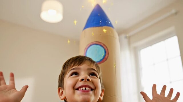 Joyful child wearing a handmade rocket hat during indoor playtime celebration.