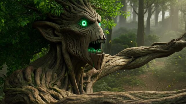 Mysterious forest guardian ent with glowing green eye in sunlit woods.
