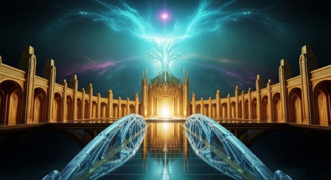 Asgard's Golden Halls Under the Vibrant Cosmic Nebula: A Symmetrical View of the Razor Sharp Crystalline Bifrost and Yggdrasil Silhouette