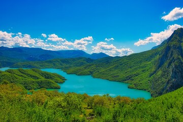 Bovilla, Albania - April 27, 2024. Attractive spring view of Bovilla Lake, Tirana city location. Majestic morning landscape of Albania, Europe. Beauty of nature concept background. Hike, breath relax
