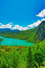 Bovilla, Albania - April 27, 2024. Attractive spring view of Bovilla Lake, Tirana city location. Majestic morning landscape of Albania, Europe. Beauty of nature concept background. Hike, breath relax
