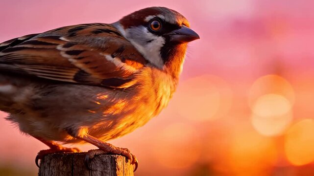 Sparrow perched on wooden post in warm sunset light with orange gradient background