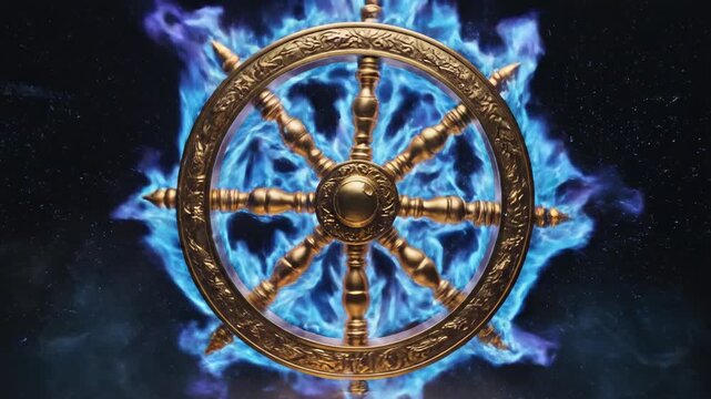 Golden Wheel of Dharma with Blue Flames.