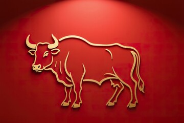 Obraz premium Refined golden ox silhouette drawn with single flowing line, light embossed gold foil texture, minimal detail, premium red backdrop, elegant soft spotlight, high-end festive branding aesthetic