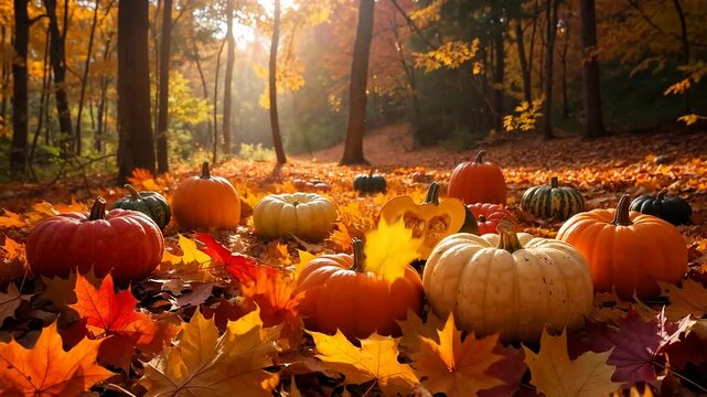 Autumnal Symphony Pumpkins Amidst Golden Leaves Basked in Sunlight in Forest