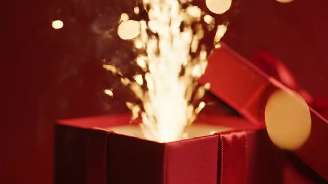 Exploding Gift Box with Bright Sparks and Confetti on Red Background
