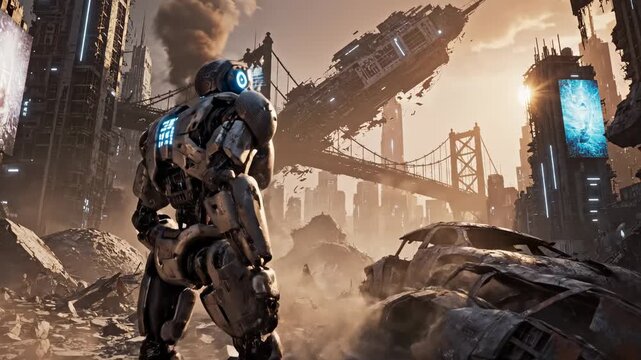 Futuristic Robot in a Destroyed Cityscape with a Bridge and Wreckage.