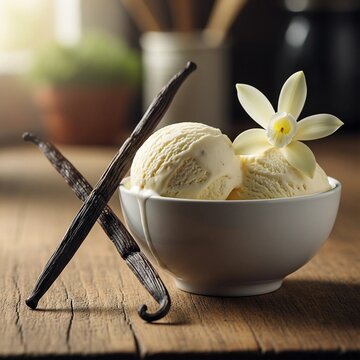 Refrescante sorvete de baunilha com frutas e hortel&atilde; servido em um bowl de vidro com colher, destacando um creme doce e fresco feito com leite e a&ccedil;&uacute;car