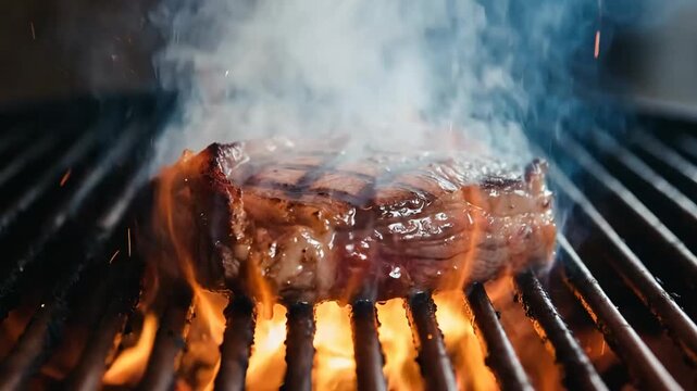 Perfectly cooked steak on a fiery grill with delicious grill marks and smoke