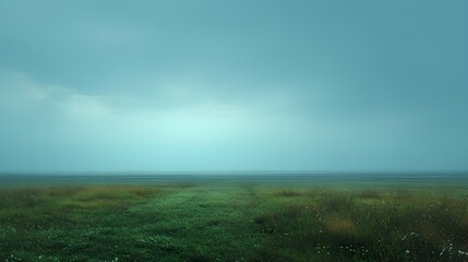 Misty Meadow Serenity: A tranquil meadow shrouded in a soft, ethereal mist beneath a vast, serene sky. Capturing the calmness.