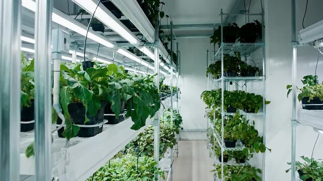 Interior of vertical farm showcasing rows of thriving plants under artificial lights