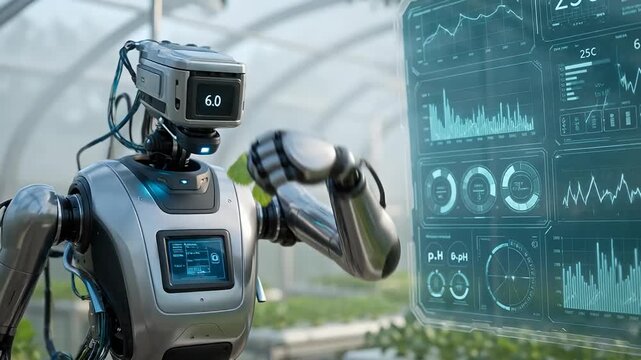 futuristic agricultural robot monitoring crops and data in a greenhouse environment