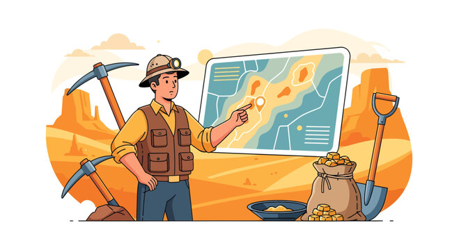 Gold prospector analyzing a treasure map for mining locations.
