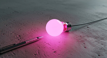 Close-up of a metallic pen and pink light bulb on a gray concrete surface, reflecting illumination, symbolizing inspiration and new idea