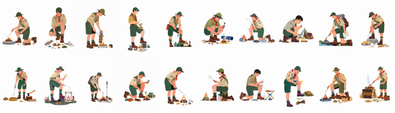 Boy Scouts Practicing Campfire Building and Essential Outdoor Survival Skills, Illustrated Collection