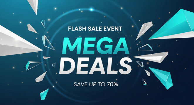 Flash sale event promotion on dark gradient with geometric shapes, representing discounts and retail, perfect for commerce and seasonal offers