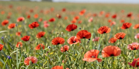 Fototapeta premium Scenic view of a field of red poppies swaying in the gentle breeze under soft sunlight