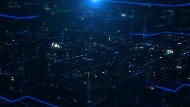 Futuristic Blue Virtual Data Room with Glowing Interface Panels and Abstract Digital Grid Architecture in 3D Perspective data processing 4K motion background