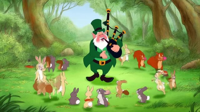 Cartoon leprechaun playing bagpipes with puffed cheeks while forest animals dance around him in a lively woodland clearing a joyful celebration of music and nature