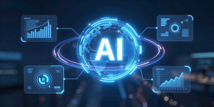 Futuristic glowing display of artificial intelligence over a digitized planet earth