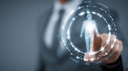 businessman touches a virtual human icon on a futuristic screen with a digital circle