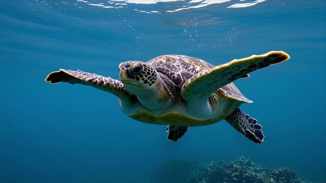 Serene Underwater Footage Of Green Sea Turtle Gliding Gracefully Through Turquoise Ocean Waters Near Coral Reef, Natural Wildlife Scene Ideal For Eco Tourism Or Marine Conservation Content