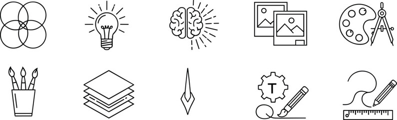Creative design icons, art tools, idea innovation symbols, sketching drawing typography pictograms, brain light bulb palette compass, digital editing creativity illustration set © Creative360