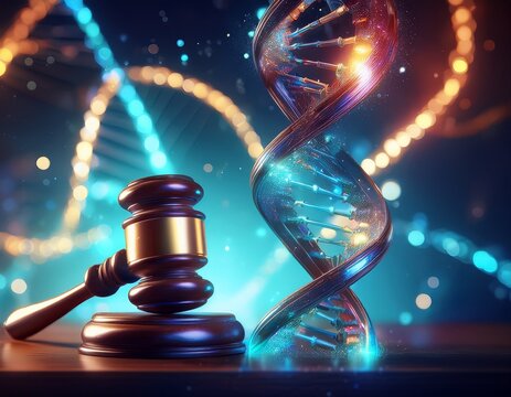 a stunning fusion of law and science featuring a gavel beside a spiraling dna strand of sparkling lights symbolyzing bioethics genetic law biological identity dna traceability