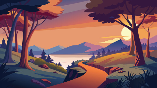 Serene forest path leading to a tranquil sunset over calm waters