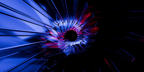Cyber futuristic transparent glass plane elements and liquid acrylic red purple blue glow on black backdrop cinematic tech background design cover art visuals 3d rendering © IM_VISUALS