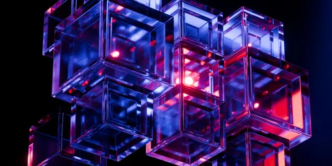 Cyber elements made of transparent glass and liquid acrylic purple blue glow on black backdrop cinematic tech background design cover art visuals 3d rendering © IM_VISUALS