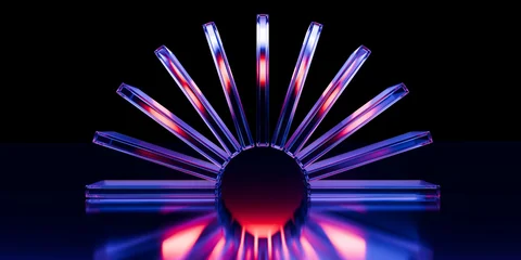 Cyber futuristic transparent glass plane elements and liquid acrylic red purple blue glow on black backdrop cinematic tech background design cover art visuals 3d rendering © IM_VISUALS