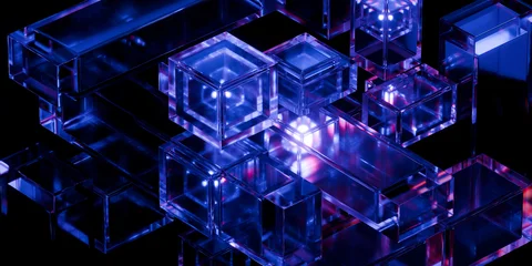 Cyber elements made of transparent glass and liquid acrylic purple blue glow on black backdrop cinematic tech background design cover art visuals 3d rendering © IM_VISUALS