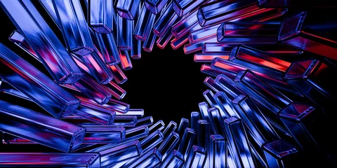 Cyber futuristic transparent glass plane elements and liquid acrylic red purple blue glow on black backdrop cinematic tech background design cover art visuals 3d rendering © IM_VISUALS