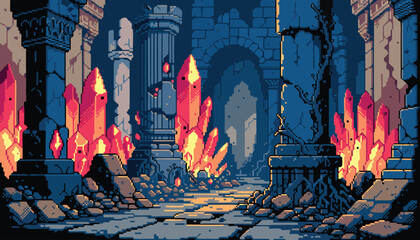Pixel Art Fantasy Crystal Cave Dungeon Background Vector © revpy