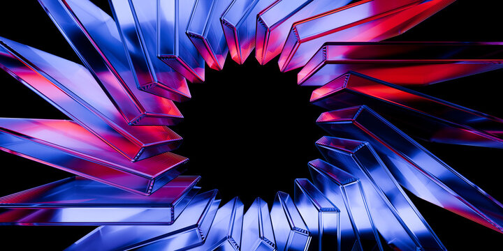 Cyber futuristic transparent glass plane elements and liquid acrylic red purple blue glow on black backdrop cinematic tech background design cover art visuals 3d rendering
