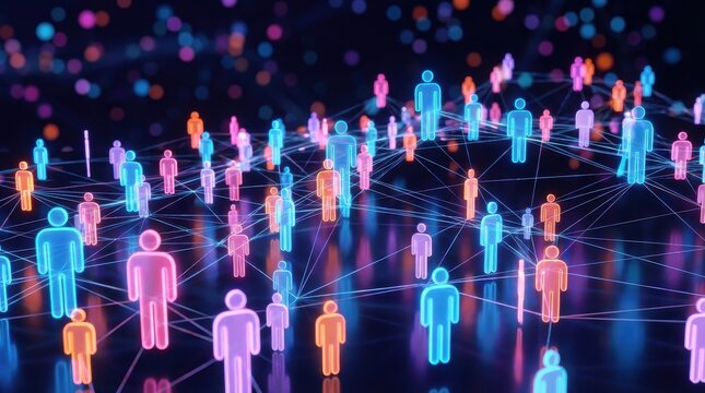 Abstract network of glowing human figures symbolizing connection and community