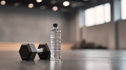 a black dumbbell and water bottle on the floor of an empty gym, gray walls background
