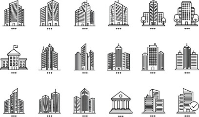 Grayscale building icons collection, modern office towers, residential high-rises, institutional structures, skyscraper silhouettes, urban architecture design set, cityscape illustration, construction © Creative360