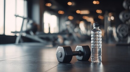 a black dumbbell and water bottle on the floor of an empty gym, with fitness equipment