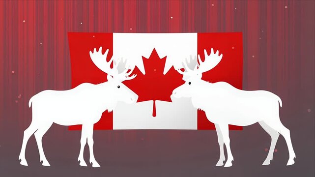 Two White Moose Facing Each Other Against Canadian Flag Backdrop Animated Looping Motion Graphic