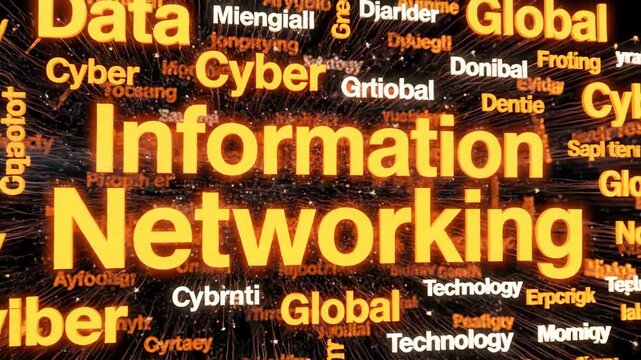 Information networking word cloud animation with glowing text and abstract connection lines for digital transformation and technology concepts