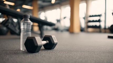 a black dumbbell and water bottle on the floor of an empty gym, with fitness equipment